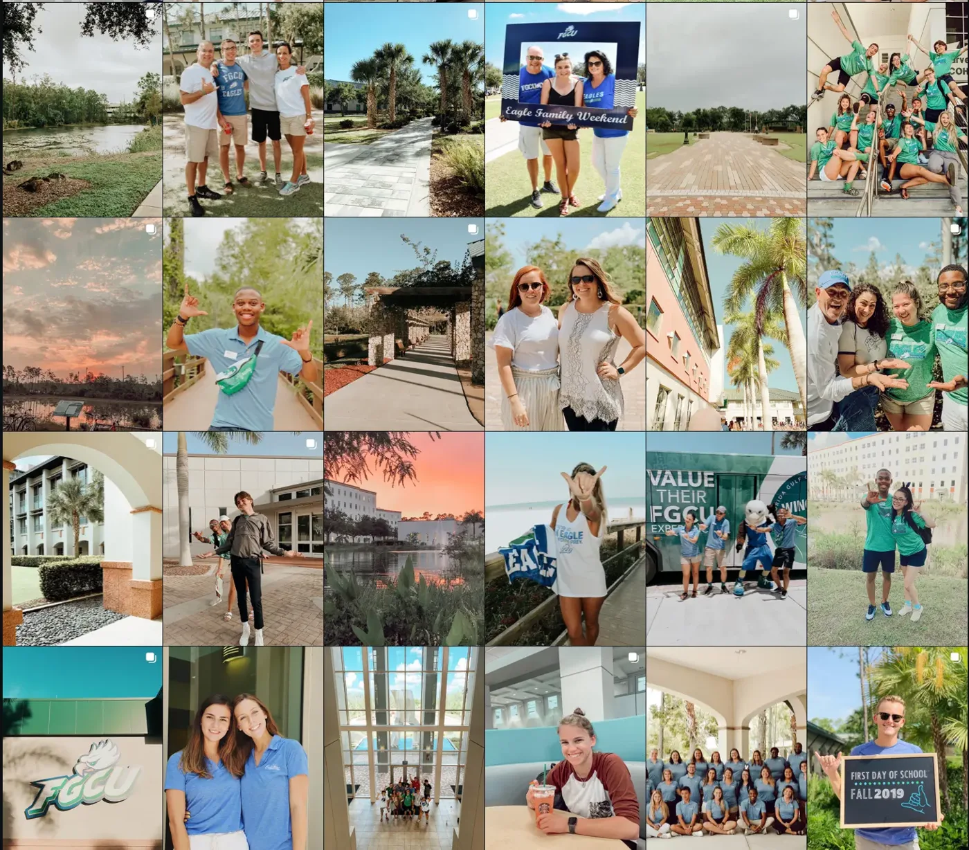 Grid of FGCU First Year Experience Instagram posts: campus scenes, peer advisors, and Eagle Family Weekend