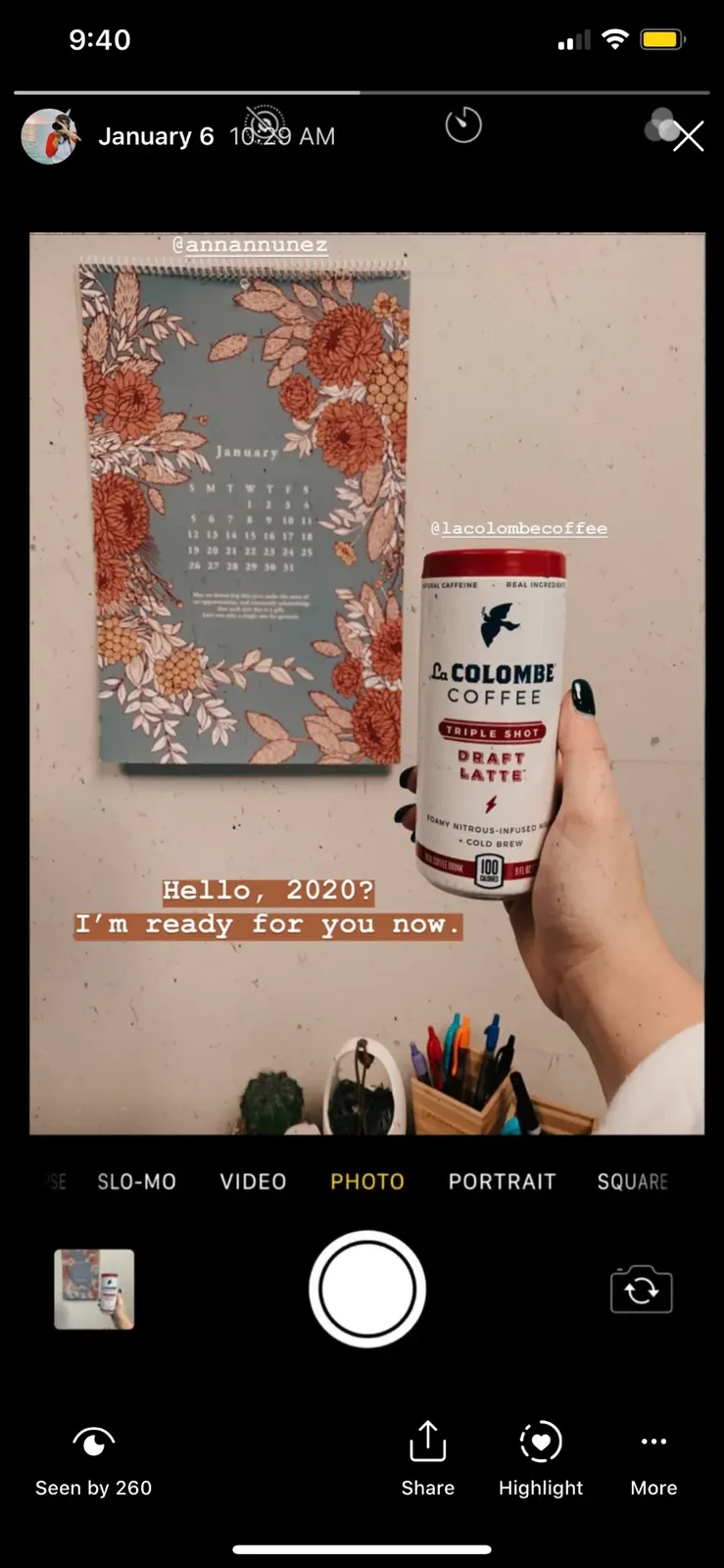 Instagram story frame holding a Triple Shot Draft Latte beside a floral wall calendar with the caption Hello 2020, I am ready for you now