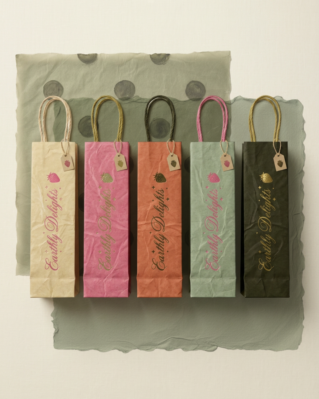 Earthly Delights hanging retail bags in a row