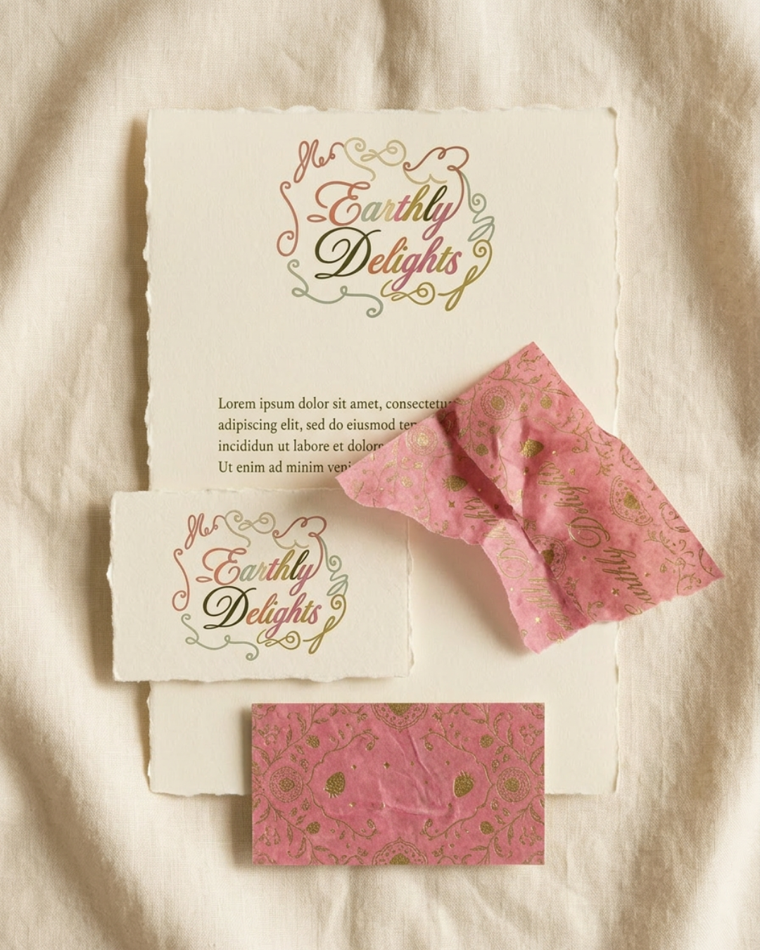Earthly Delights stationery, business cards and wrapped candy